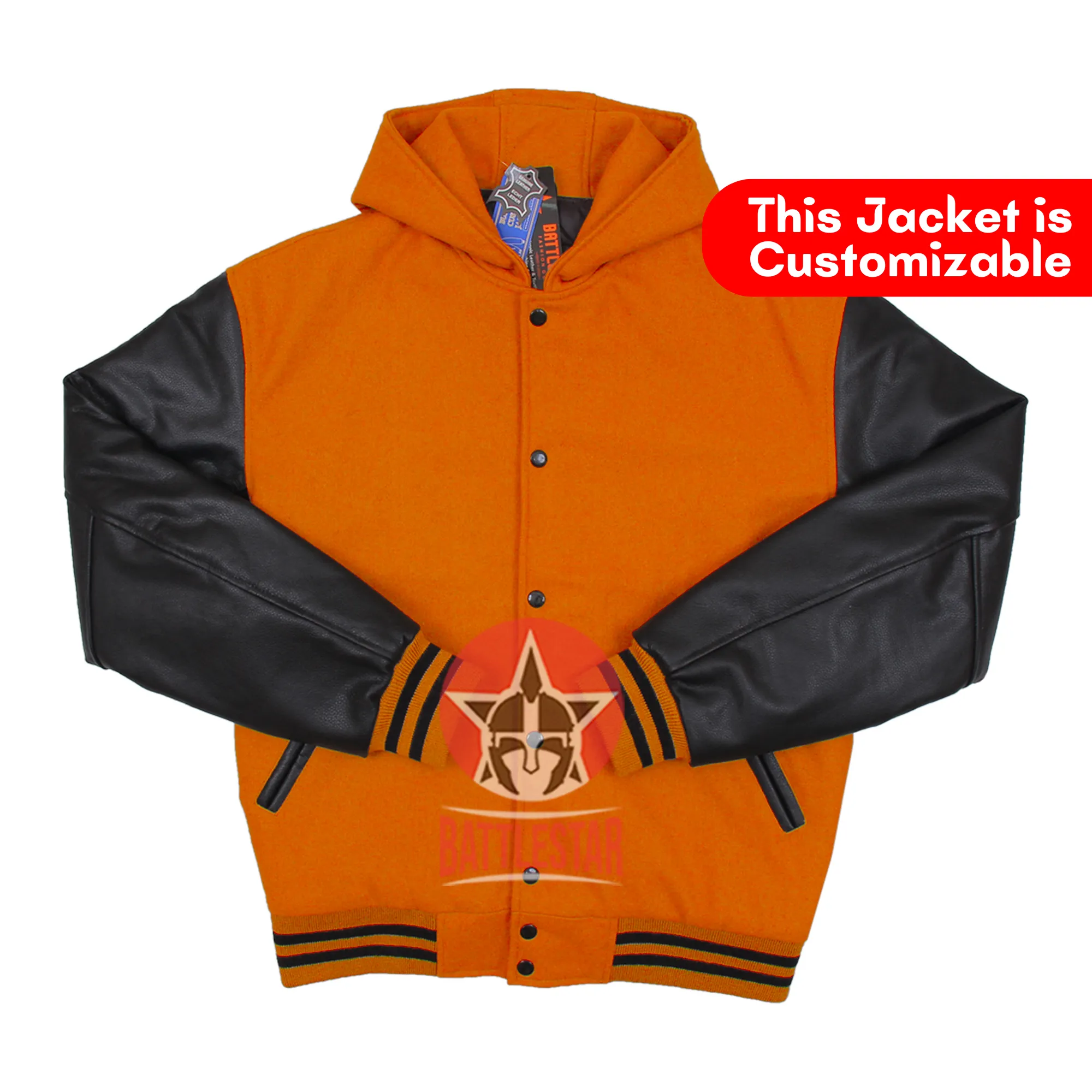 Orange Wool Black Leather Hooded Baseball Letterman Varsity Jacket