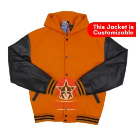 Orange Wool Black Leather Hooded Baseball Letterman Varsity Jacket