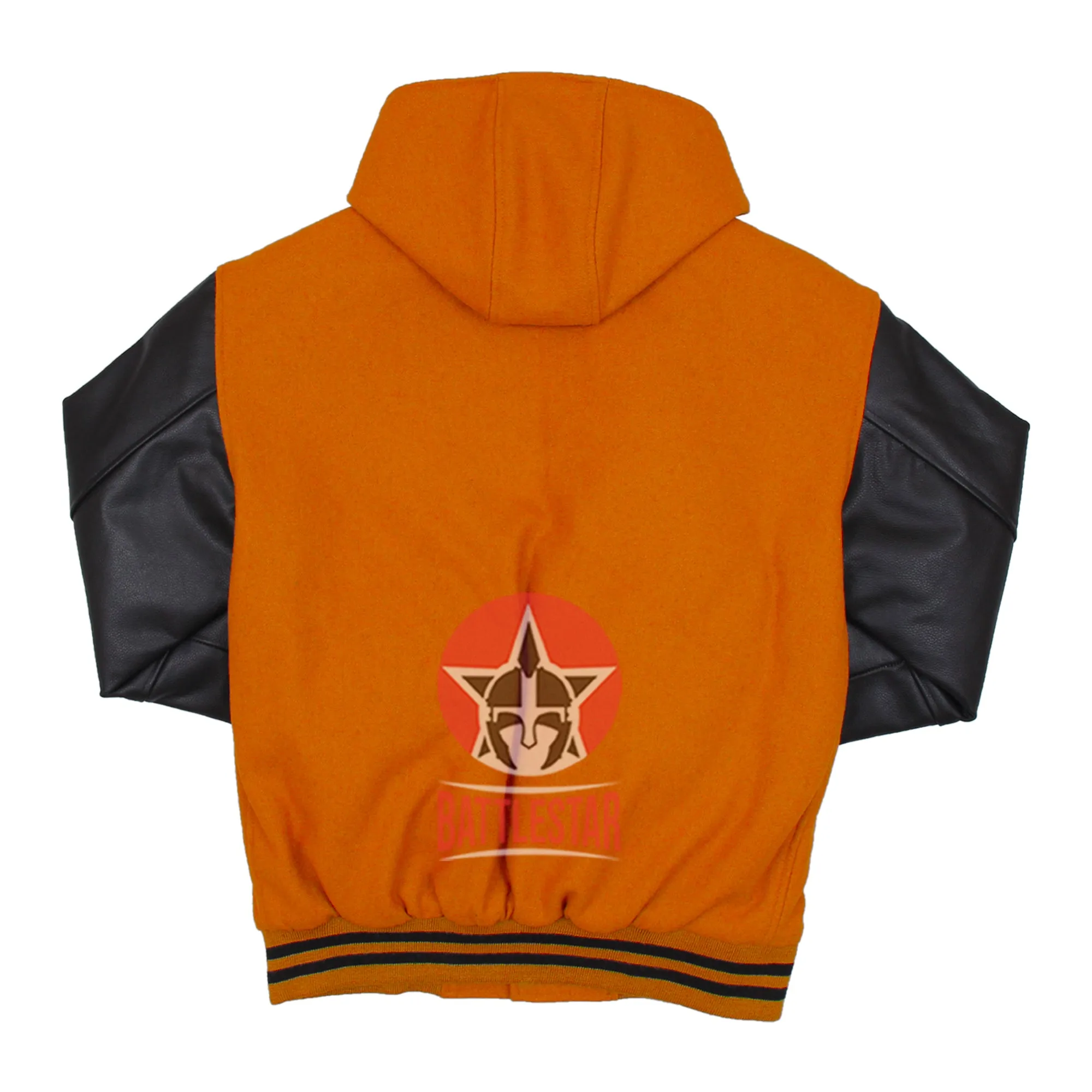 Orange Wool Black Leather Hooded Baseball Letterman Varsity Jacket