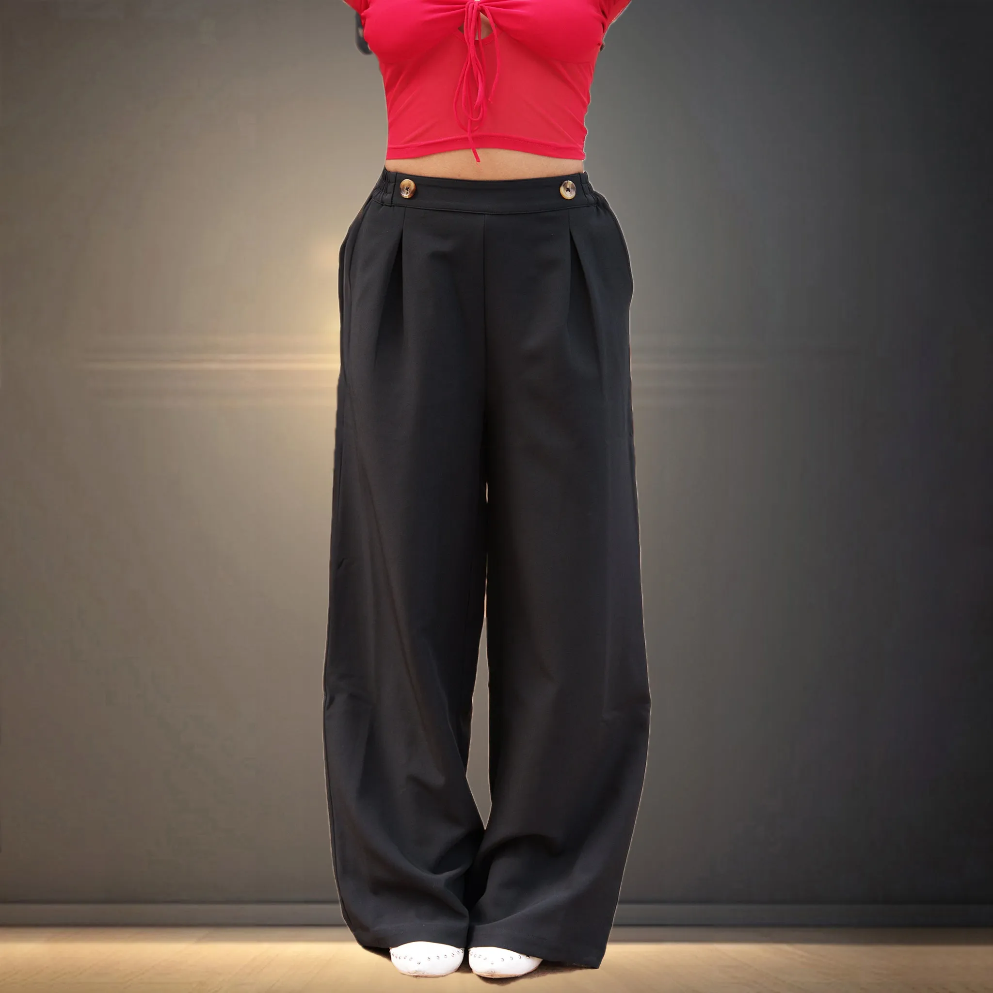 Pleated Korean Baggy Pants for Women - Black