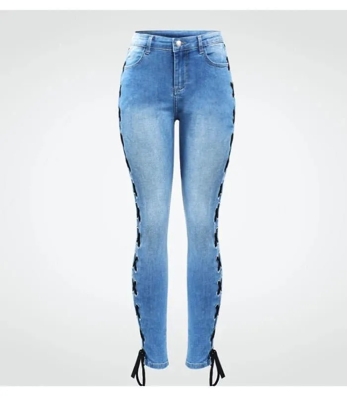 Side Split Bandage Jeans for Women with Pockets and Side Stripe Regular Fit