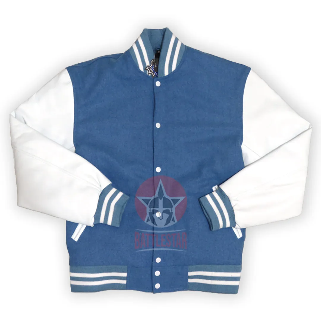 Sky Blue Wool Varsity Jacket white Leather Sleeves