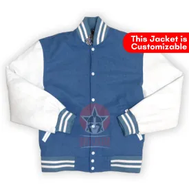 Sky Blue Wool Varsity Jacket white Leather Sleeves