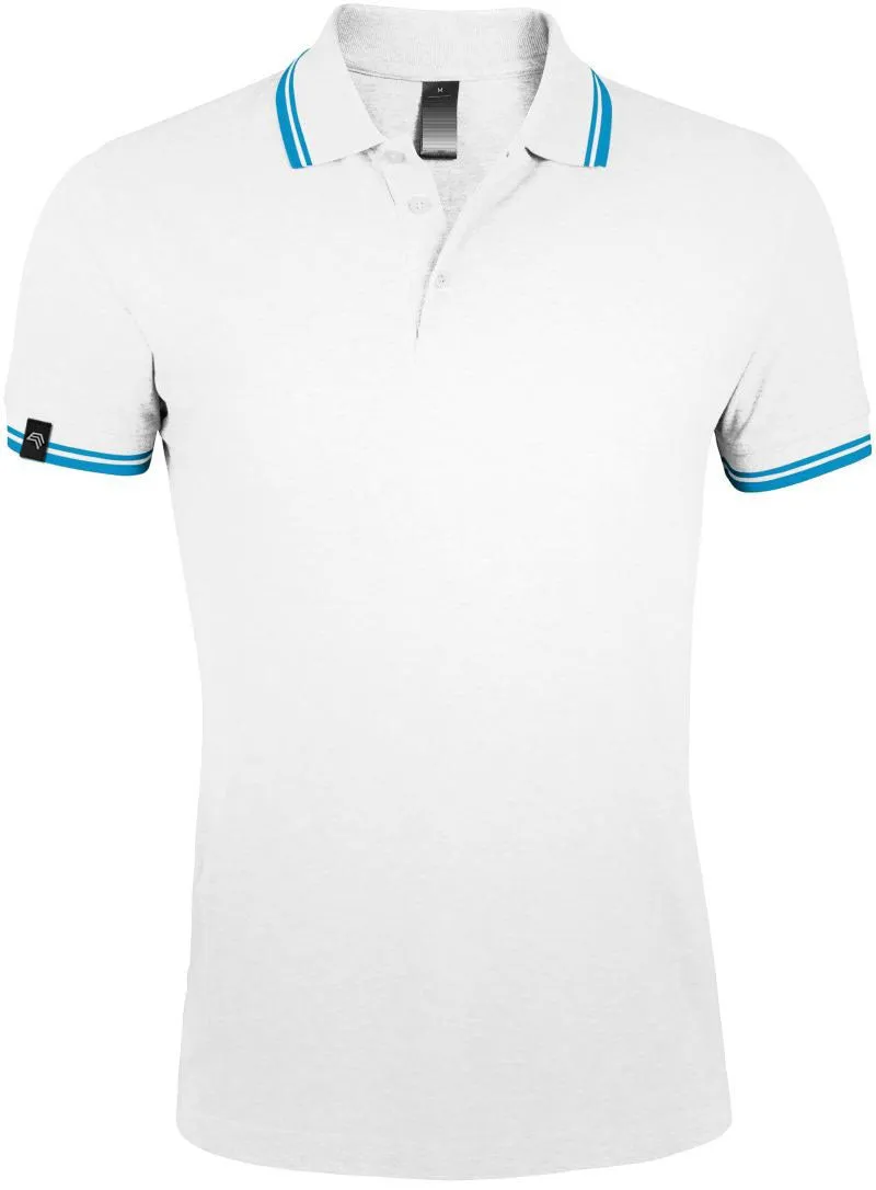 SLS 0577 ― Kontraststreifen Polo Shirt - Weiß / Aqua Blau