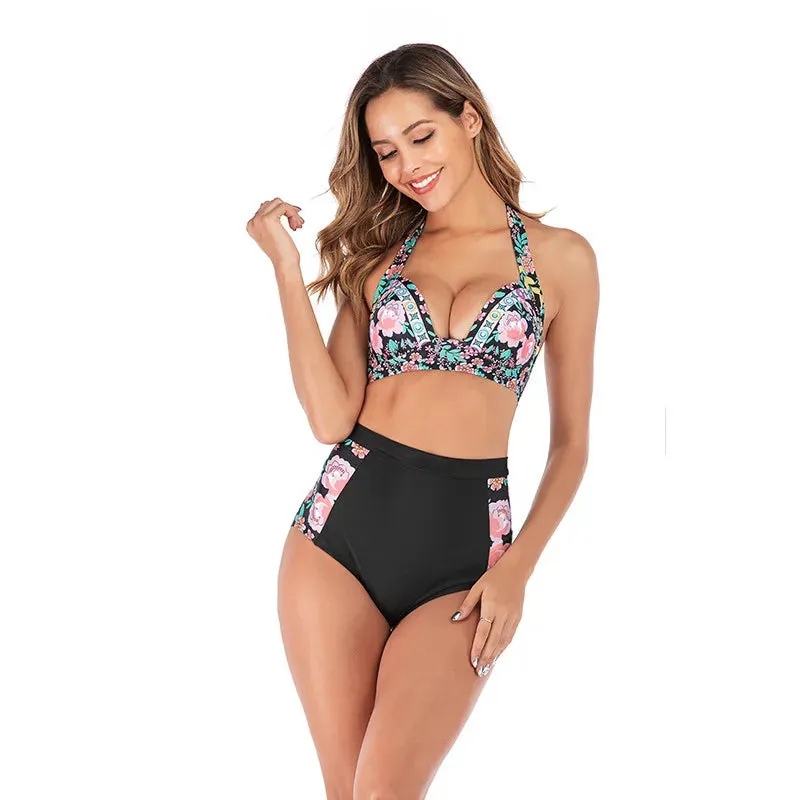 Two piece floral high waist swimsuits